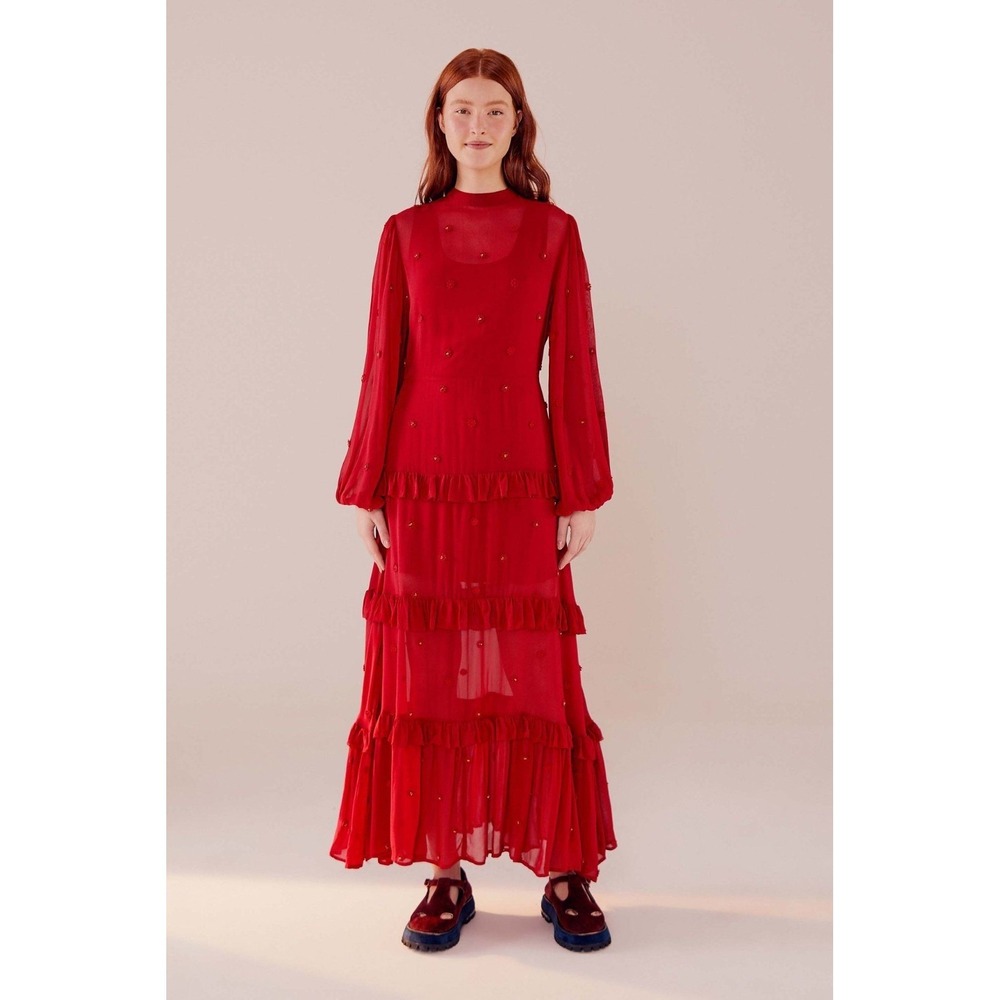 Farm Rio Maxi Dress Size XL Red Ruffle Long Sleeve Floral Appliqué Sheer Holiday - Picture 1 of 8